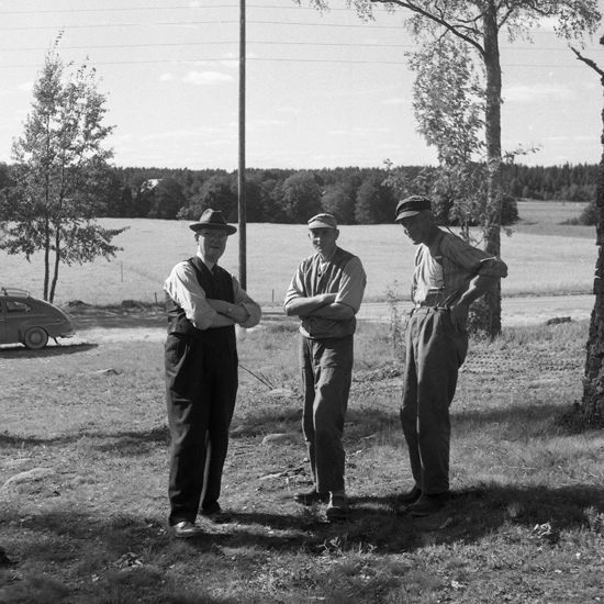 Replösa gravfält (Replösa Månsagård). Nämndeman Axel Johansson och bröderna Abrahamsson, f.d. ägare till området. 1959.