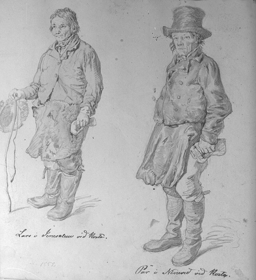 Teckning av Kilian Zoll, med två manspersoner. Den ena med texten: " Lars i Jerusalem vid Kosta", den andra med texten "Pär i Norreved (?) vid Kosta".