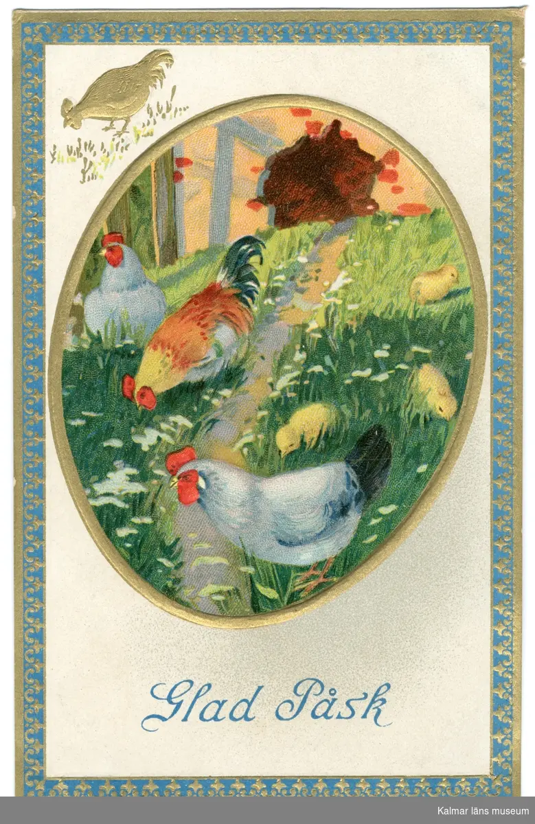 En färgglad tupp, två svartvita hönor och tre kycklingar går ute i gräset. I bakgrunden ses en vägg med ett stort hål i.