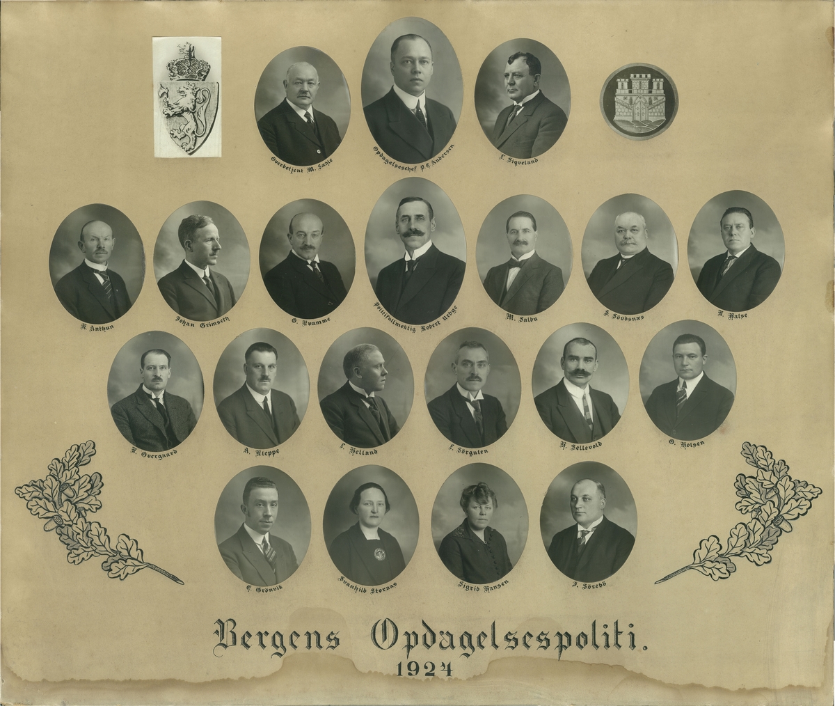 Samling av portretter av de ansatte ved Bergens oppdagelsespoliti fra 1924
