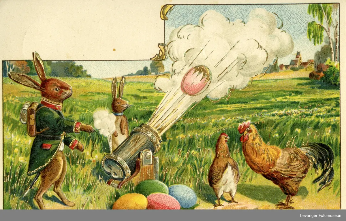 Postkort  med påskemotiv, med påskehare og fargeglade egg,