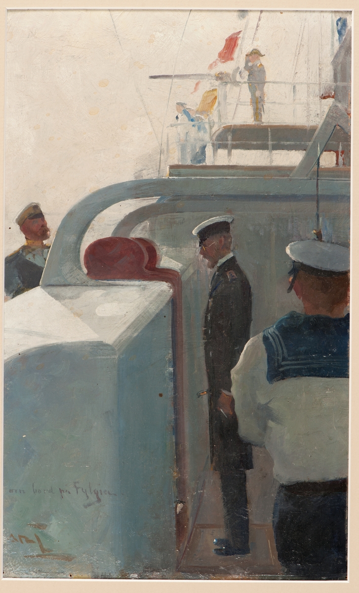 Föreställande pansarkryssaren Fylgias styrbords halvdäck med fallrepsport där man ser Gustav V i rysk uniform (rock) ta emot ryske kejsaren iförd svensk amiralsuniform.