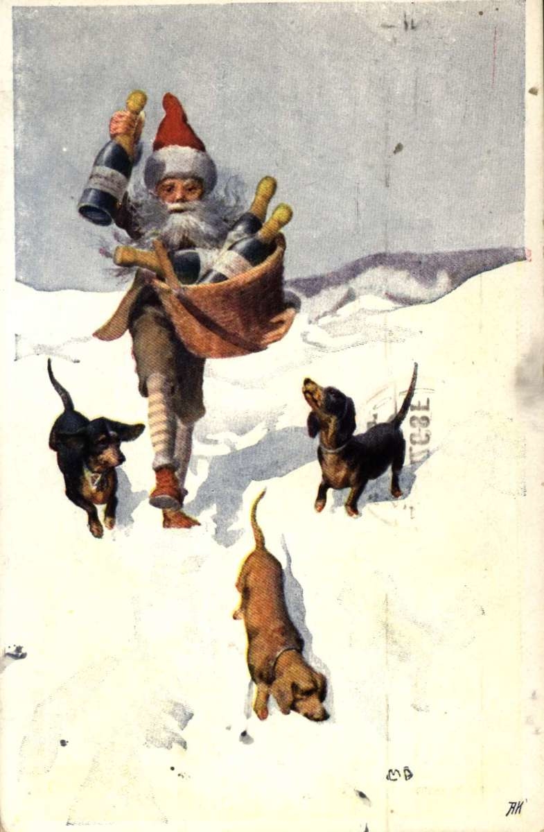 Postkort. Jule- og nyttårshilsen. Julenisse med kurv full av champagneflasker. Fulgt av tre hunder. 24.12.1917.