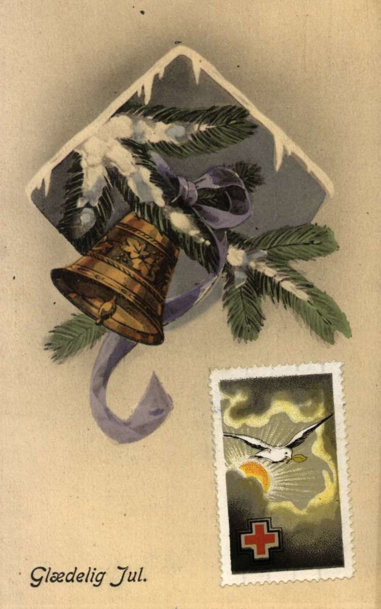 Julekort. Jule- og nyttårshilsen.  Grankvist med sløyfe og klokke. Røde Kors-merke. Stemplet 23.12.1916.