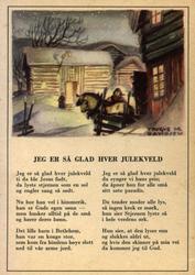 Julekort. Ubrukt. Vintermotiv. Gårdstun. Mann med hest. Teks