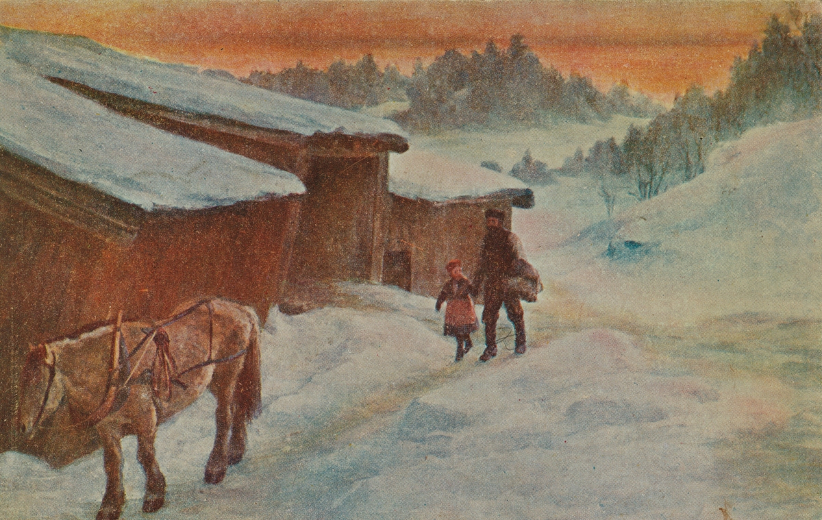 Julekort. Jule-og nyttårshilsen.  Vintermotiv med mann, jente og hest utenfor en låve.