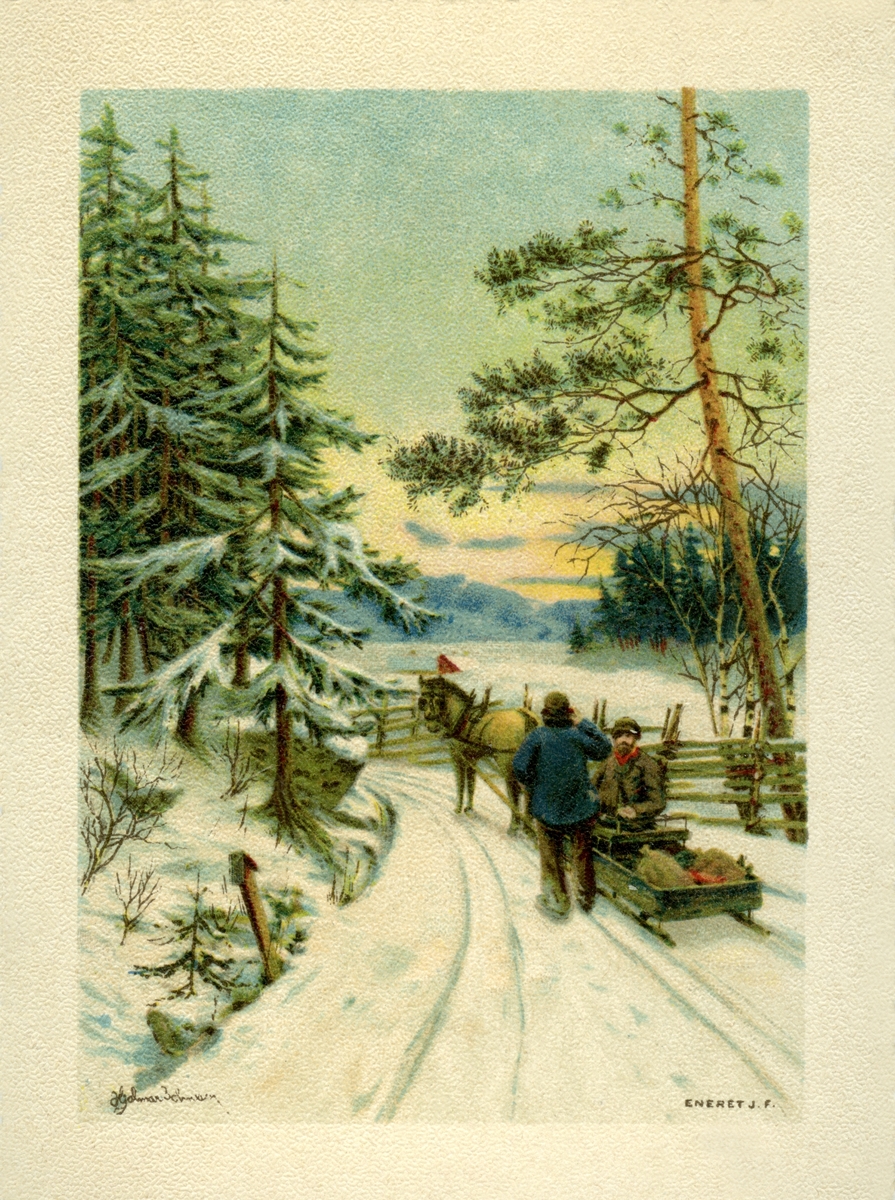 Postkort. Julehilsen trykket på baksiden. To menn med hest og slede på en skogsvei. Snødekt landskap i bakgrunnen. Illustrasjon av Hjalmar Johansen (?).