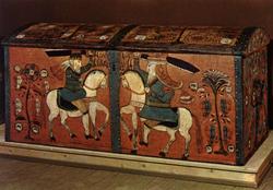 Postkort. Norsk Folkemuseum. Kiste malt av Kittel Rygg 1782.