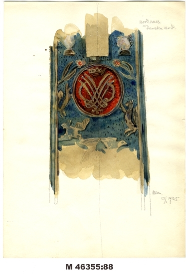 Akvarell på papper.
Detalj (kungligt monogram ?) i blått, rött och brunt.