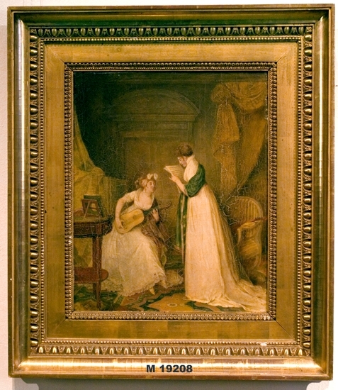 Oljemålning på duk.
Två kvinnor i vita klänningar spelar och sjunger i en sängkammare.