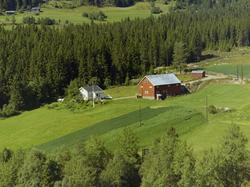 Sørheim. Gårdsbruk. Hvit stue, rødmalt uthus. Kulturlandskap