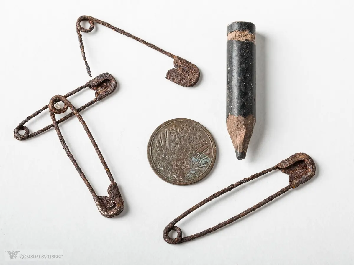 En tysk 1 pfennig fra 1914, en liten sort blyantstump og fire rustne sikkerhetsnåler som lå i den demonterte Schwittershytta på Hjertøya.