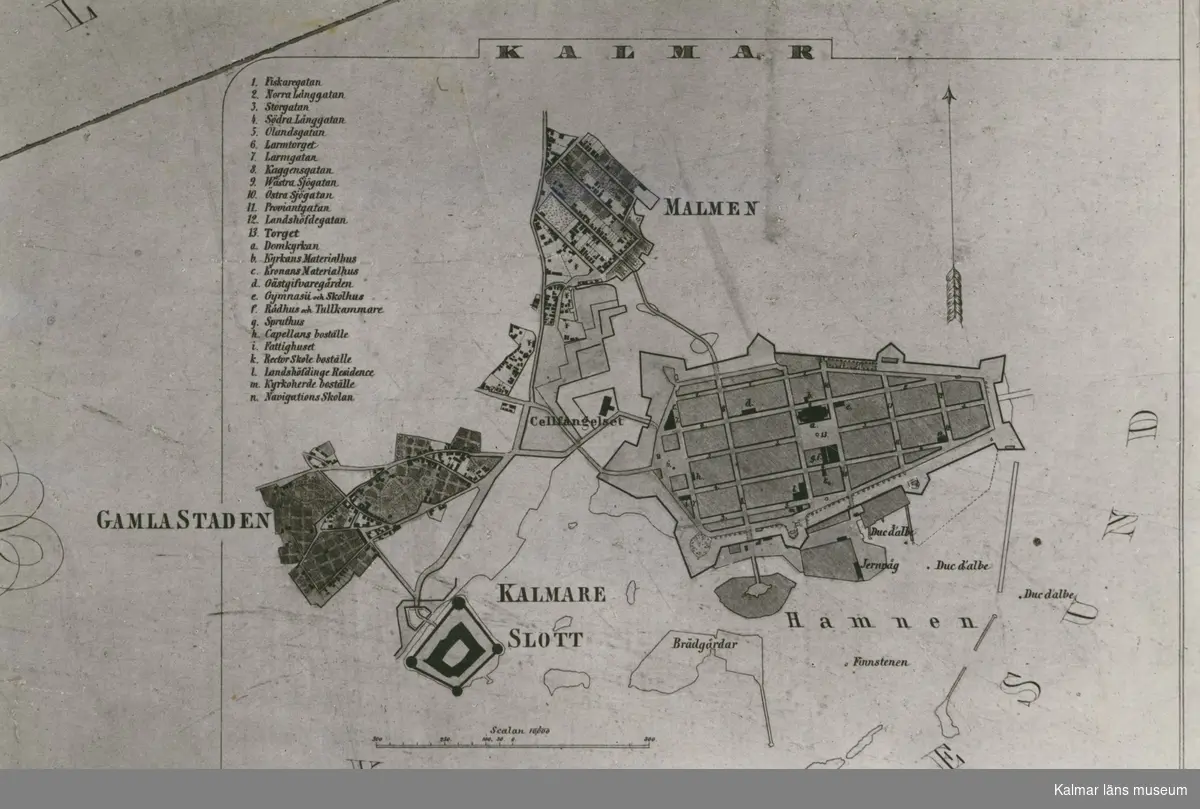 Karta över Kalmar från 1854. Platserna Gamla staden, Kalmar slott, Cellfängelset, Kvarnholmen och Malmen är utritat.
