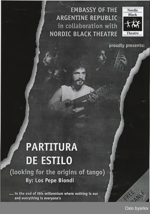 Plakat for konserten Partitura de estilo...Oslo byarkiv har ikke rettigheter til denne plakaten. Ved bruk/bestilling ta kontakt med Nordic Black Theatre (post@nordicblacktheatre.no)