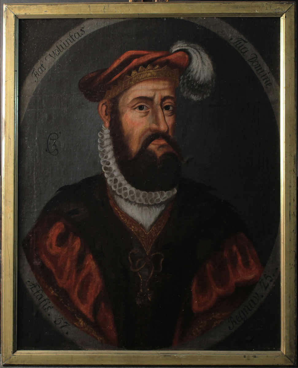 Portrett av kong Christian 3 av Danmark-Norge i drakt med pipekrage og fjærprydet hatt.