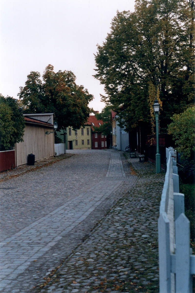 Bild visar Djäknegränd sedd mot Kryddbodtorget och Spegelmakaregården samt delar av Jungfru Lovisas gård.