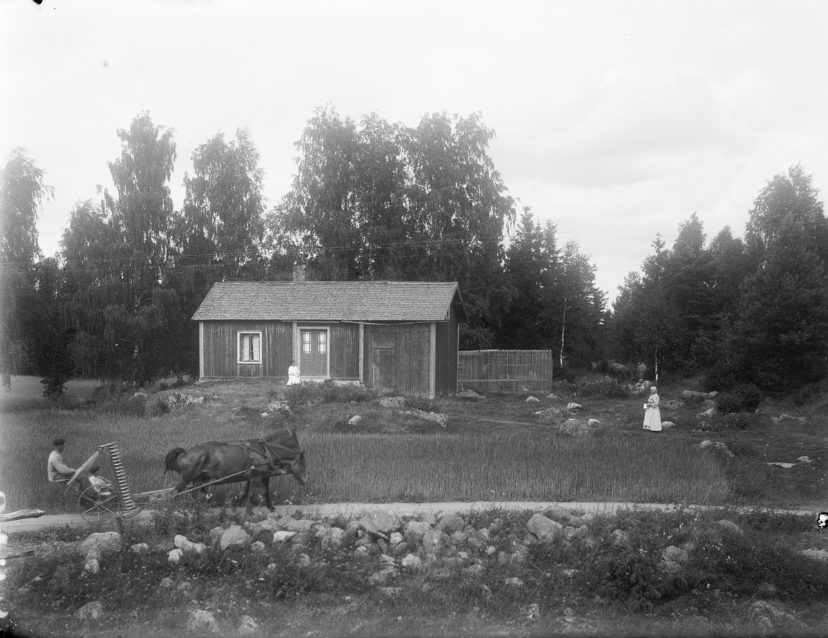 "Charlotta Hallbergs stuga i Hedesunda med slåttermaskin i förgrunden", Gästrikland 1923