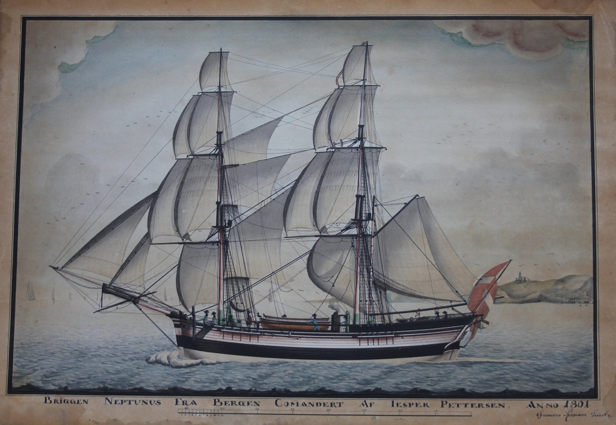 Skipsportrett av briggen NEPTUNUS under fulle seil. Dannebrog flagg med C7 med krone. I bakgrunn sees flere andre seilfartøy.