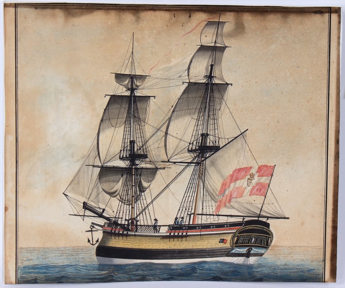 Skipsportrett av ukjent brigg på åpent hav med fulle seil. Dannebrog flagg med kong Christian VII monogram C7 akter.
