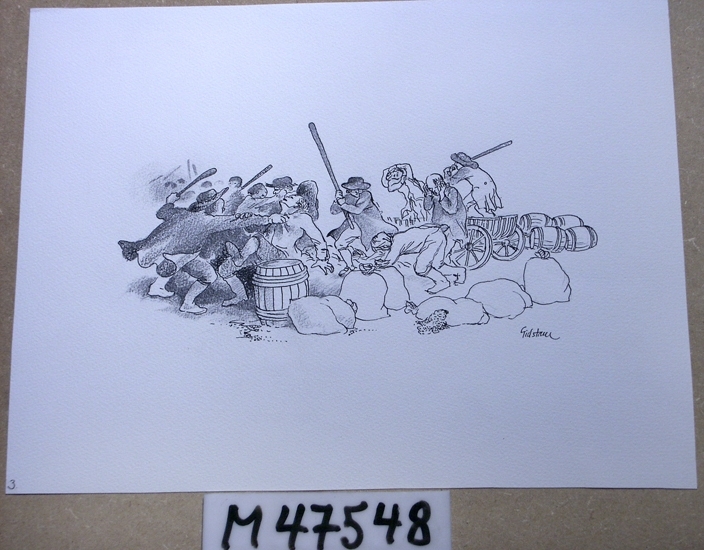 Tusch och krita på papper. 
Motivet föreställer ett slagsmål mellan män klädda i mörka 
kläder och vidbrättade hattar. Runt slagskämparna syns säckar, 
tunnor och vagnar.