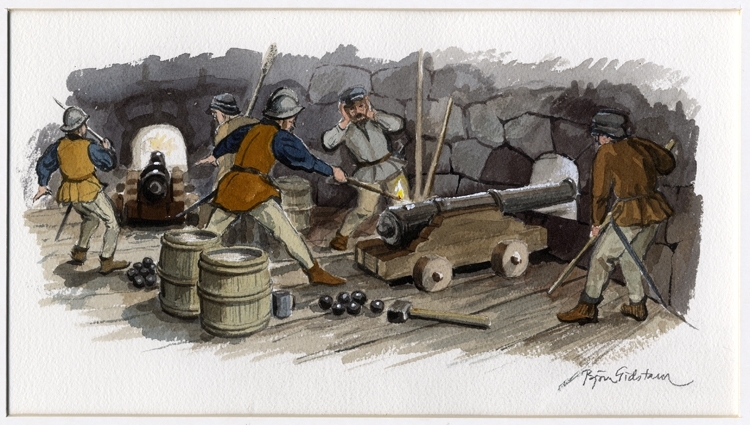 Akvarellmålning på papper.
Soldater avfyrar kanoner under ett anfall på Kronobergs slott.