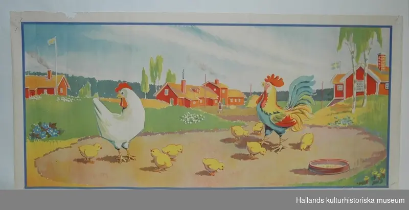 Bonad tryckt i flerfärg. Motiv: Påskmotiv. Höna och tupp med åtta kycklingar. I bakgrunden ett flertal hus. Vit kant runt om. 
