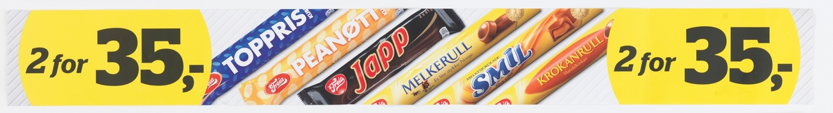 Fotografi av 3 ulike sjokoladebarer og 3 ulike sjokoladeruller. Fra venstre: Freia Toppris, Freia Peanøtt, Freia Japp, Freia Melkerull, Freia Smil, Freia Krokanrull.