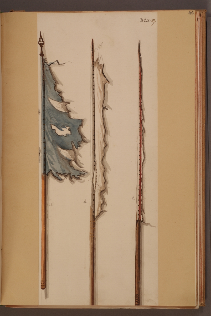 Avbildning i gouache föreställande fälttecken tagna som troféer av svenska armén. De avbildade danorna finns inte bevarade i Armémuseums samling.