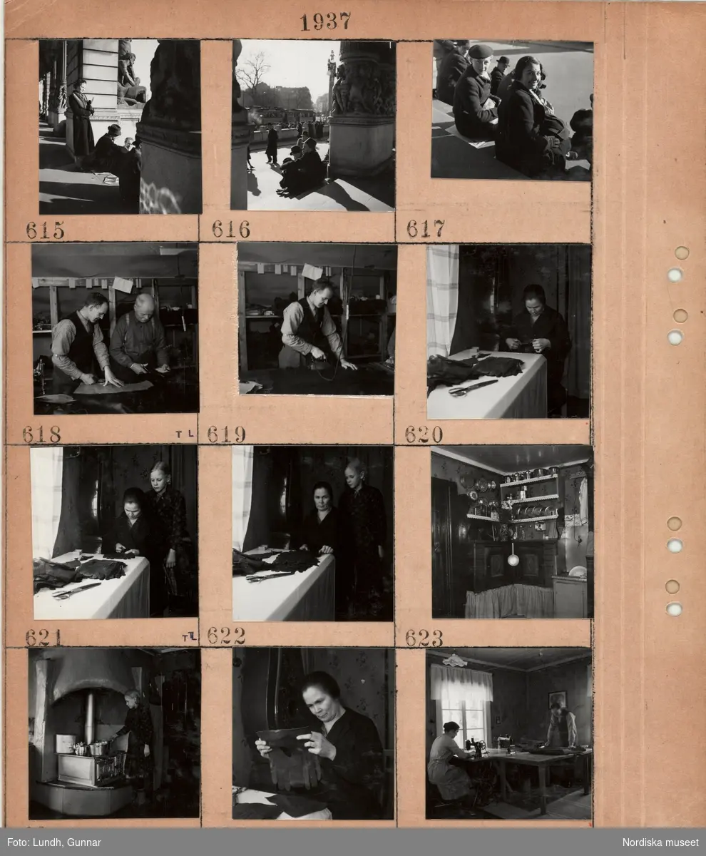 Motiv: Män och kvinnor i vårsolen på Dramatiska teaterns trappa i Stockholm, spårvagn, interiör skinnskrädderi, två män klipper till efter mönster, en man stryker, en kvinna sitter vid ett bord och syr ihop handskar en flicka står bredvid, rumshörn med skåp, hyllor, husgeråd, vask, flicka står vid en en järnspis med kokkärl, kvinna synar en tillklippt handske, kvinna sitter vid en symaskin, en man står vid ett bord och klipper till ett stycke skinn.