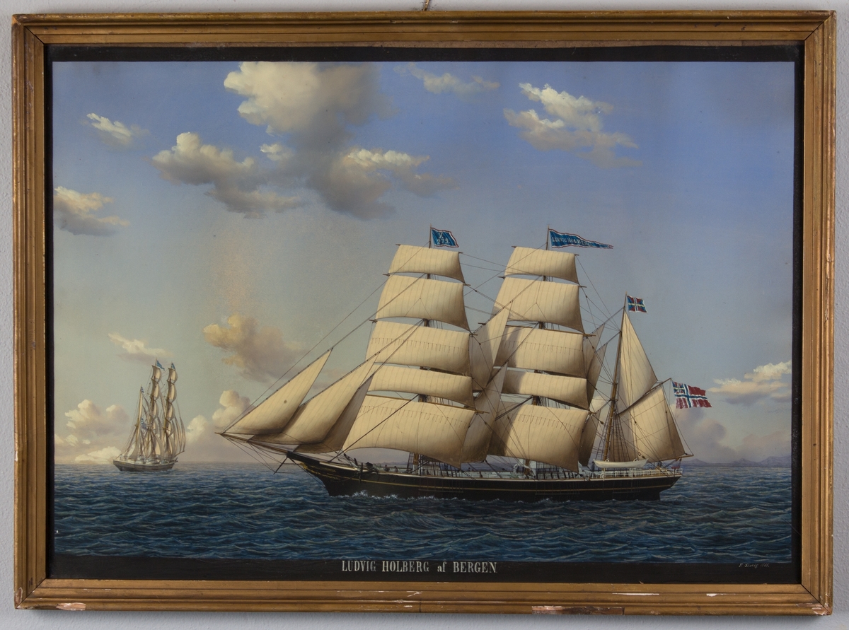 Skipsportrett av bark LUDVIG HOLBERG under fulle seil med unionsflagg i mesanmasten. Samme skip sees seilende i forkant av hovedmotiv.