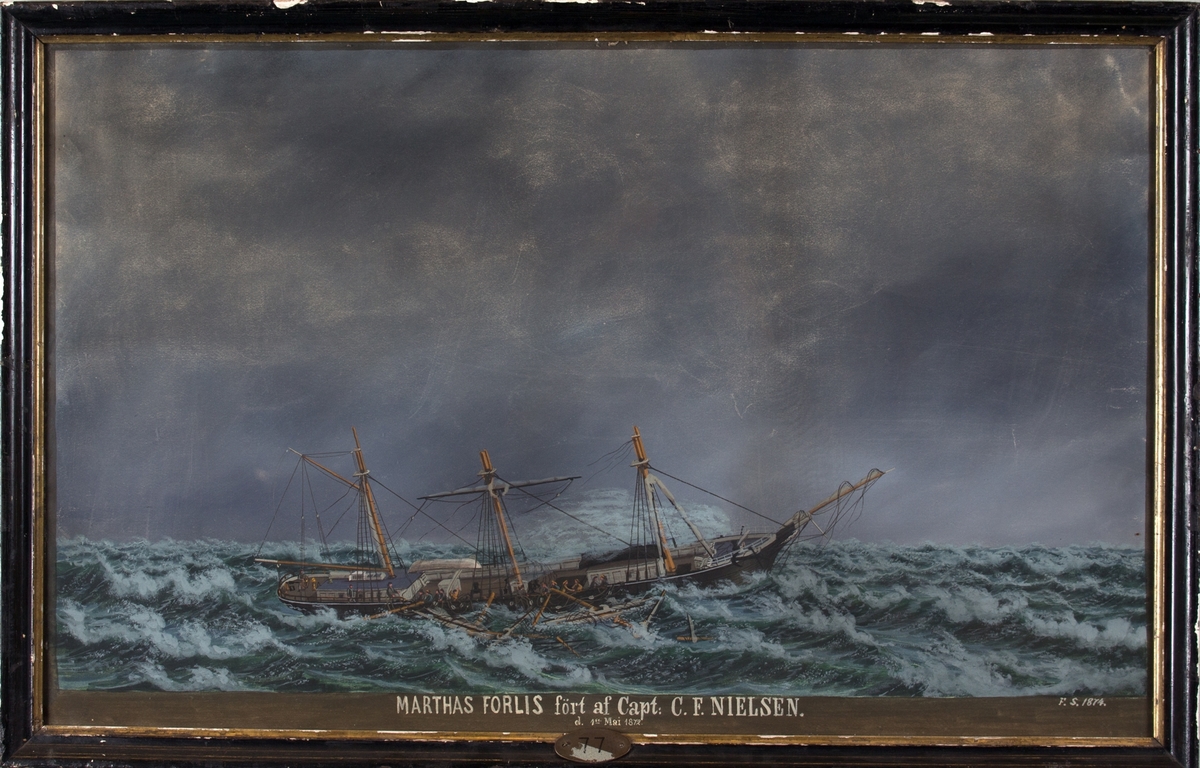 Skipsportrett av bark MARTHA. Viser mannskapet i ferd med å kappe løs stenger og rær som er gått overbord i den Bengalske bukt hvor skipet ble forlatt 4 dager senere i mai 1874. Besetningen ble opptatt av en fransk bark.