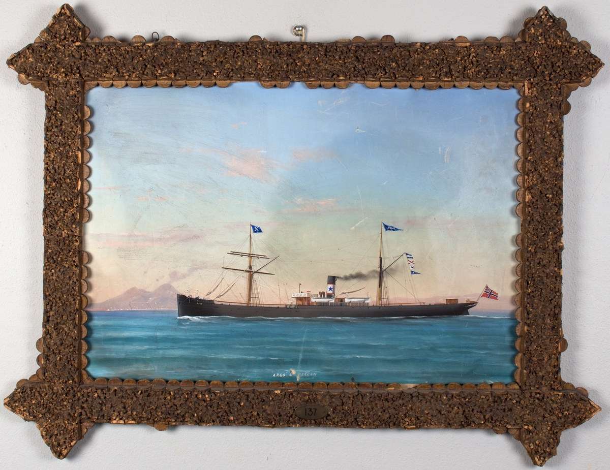 Skipsportrett av DS ARGO under fart utenfor Napoli. Vulkanen Vesuv sees i bakgrunnen. Fører vimpel med skipets navn samt unionsflagg akter.