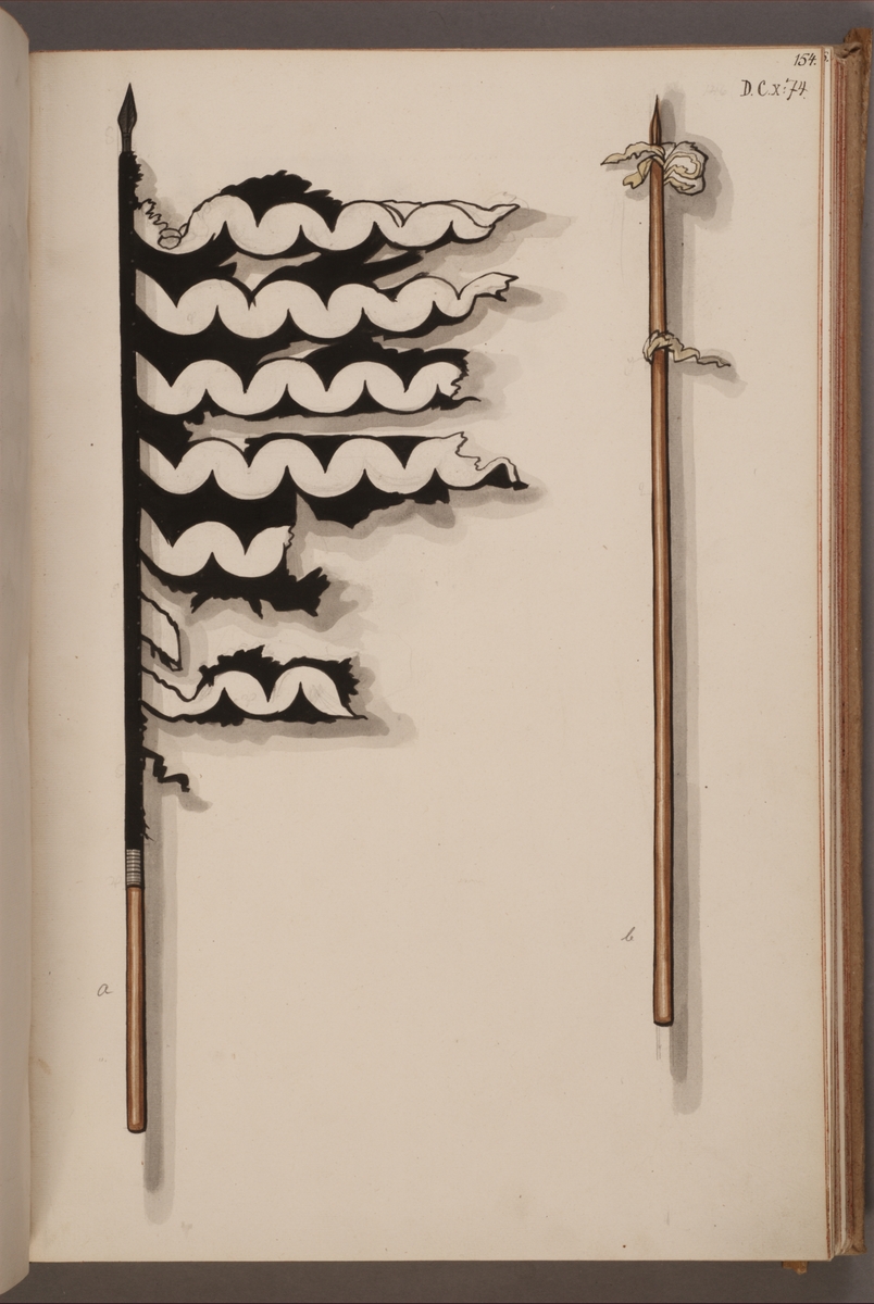 Avbildning i gouache föreställande fälttecken tagna som troféer av svenska armén. De avbildade fanorna finns inte bevarade i Armémuseums samling.