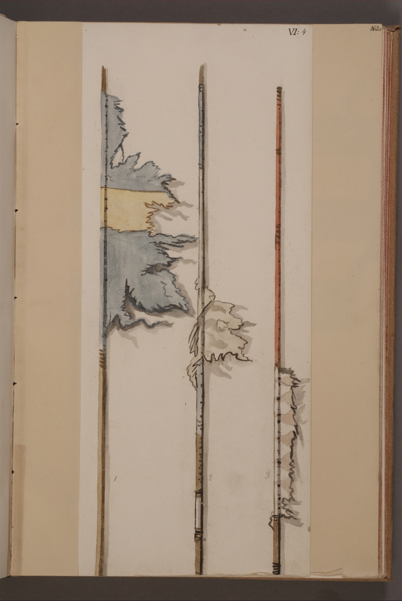 Avbildning i gouache föreställande fälttecken tagna som troféer av svenska armén. Fanan längst till höger i bild finns bevarad i Armémuseums samling, för mer information, se relaterade objekt.