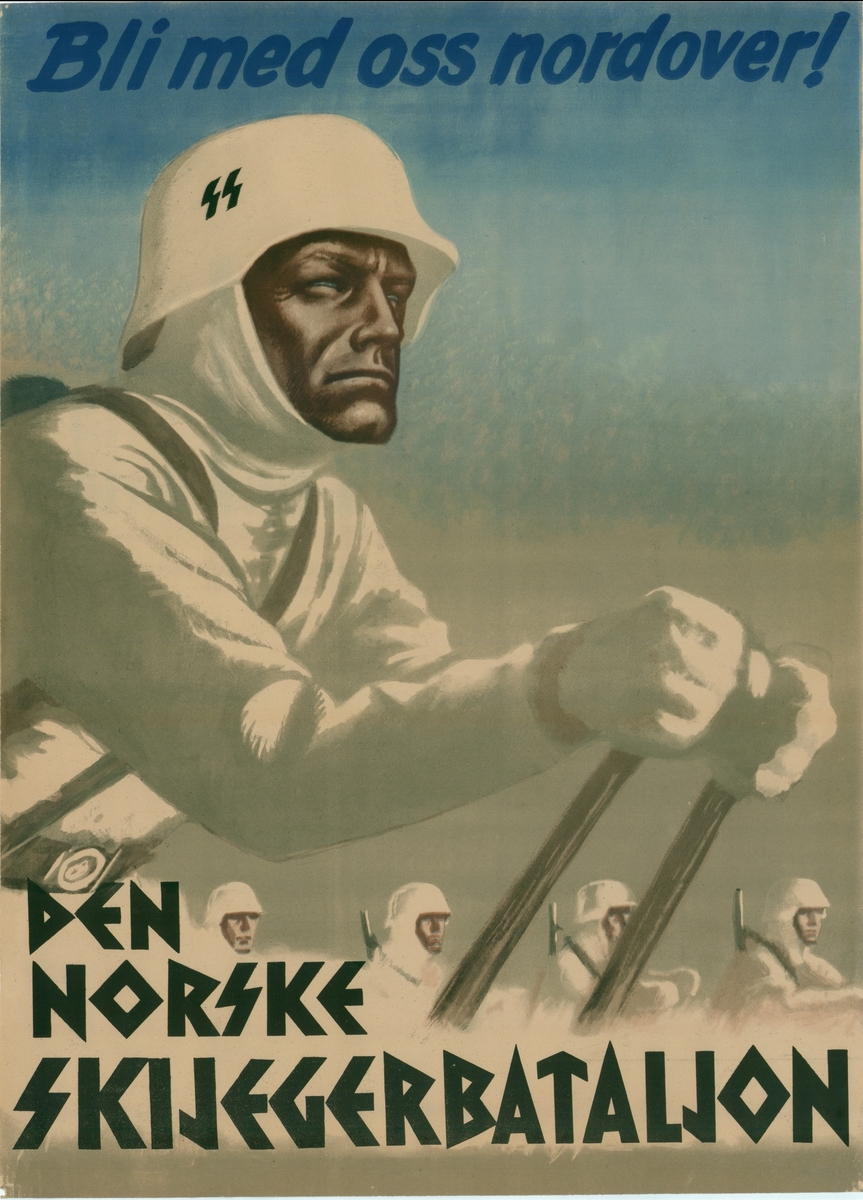 Hvitkledte soldater på ski.  Hjelmen har SS-merke.  