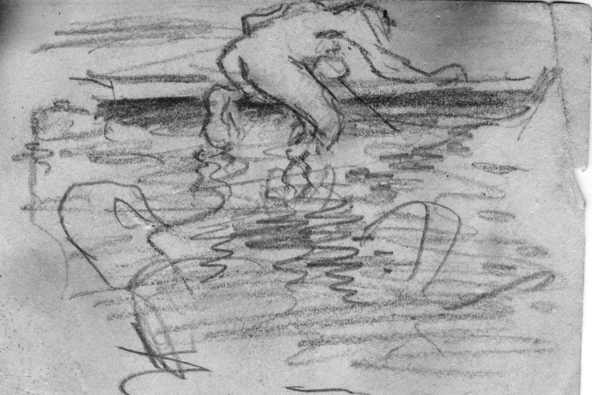 Några män badar och på baksida av bilden har John Bauer gjort en skiss.
