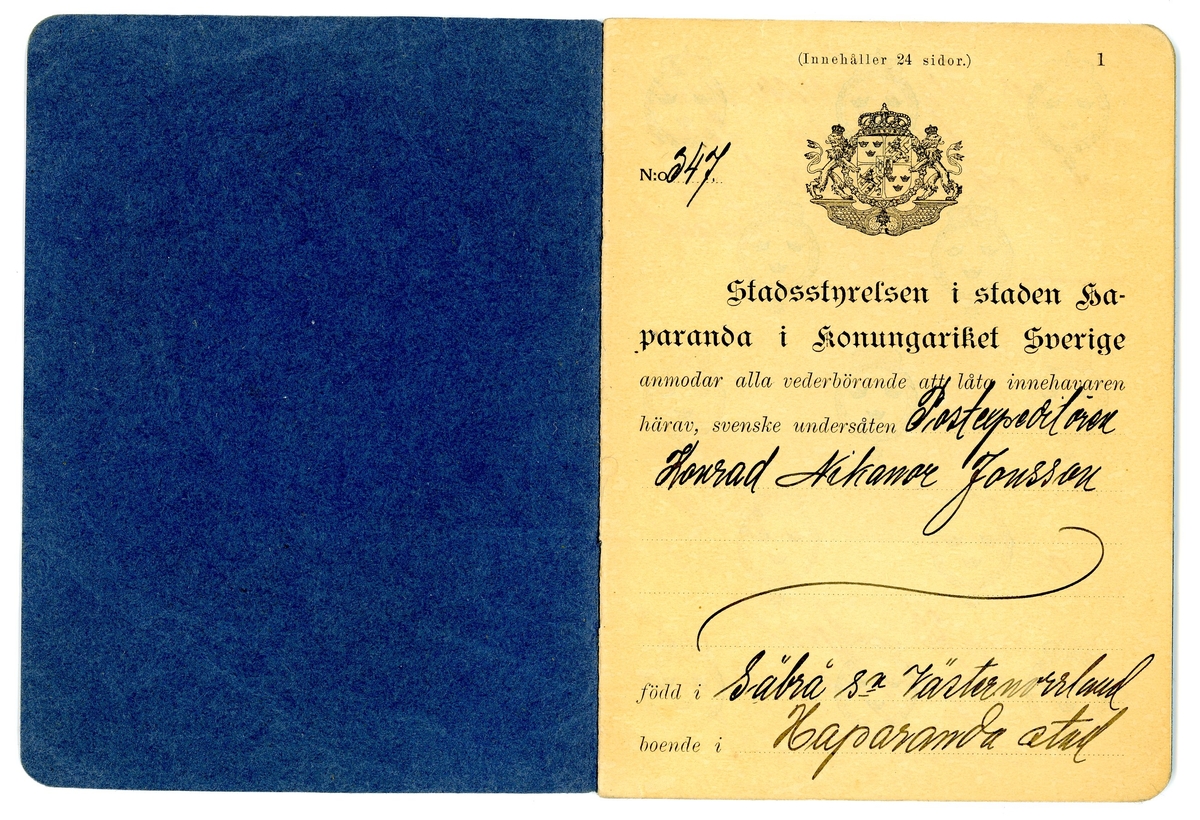Svenskt pass till Konrad Nikanor Jonsson. Utfärdat av stadsstyrelsen i Haparanda den 23 april 1918, gällande till 23 maj 1918. 

Passet är utfärdat för besök i Torneå stad och järnvägsstation, Finland. Passnummer 347. 24 sidor.