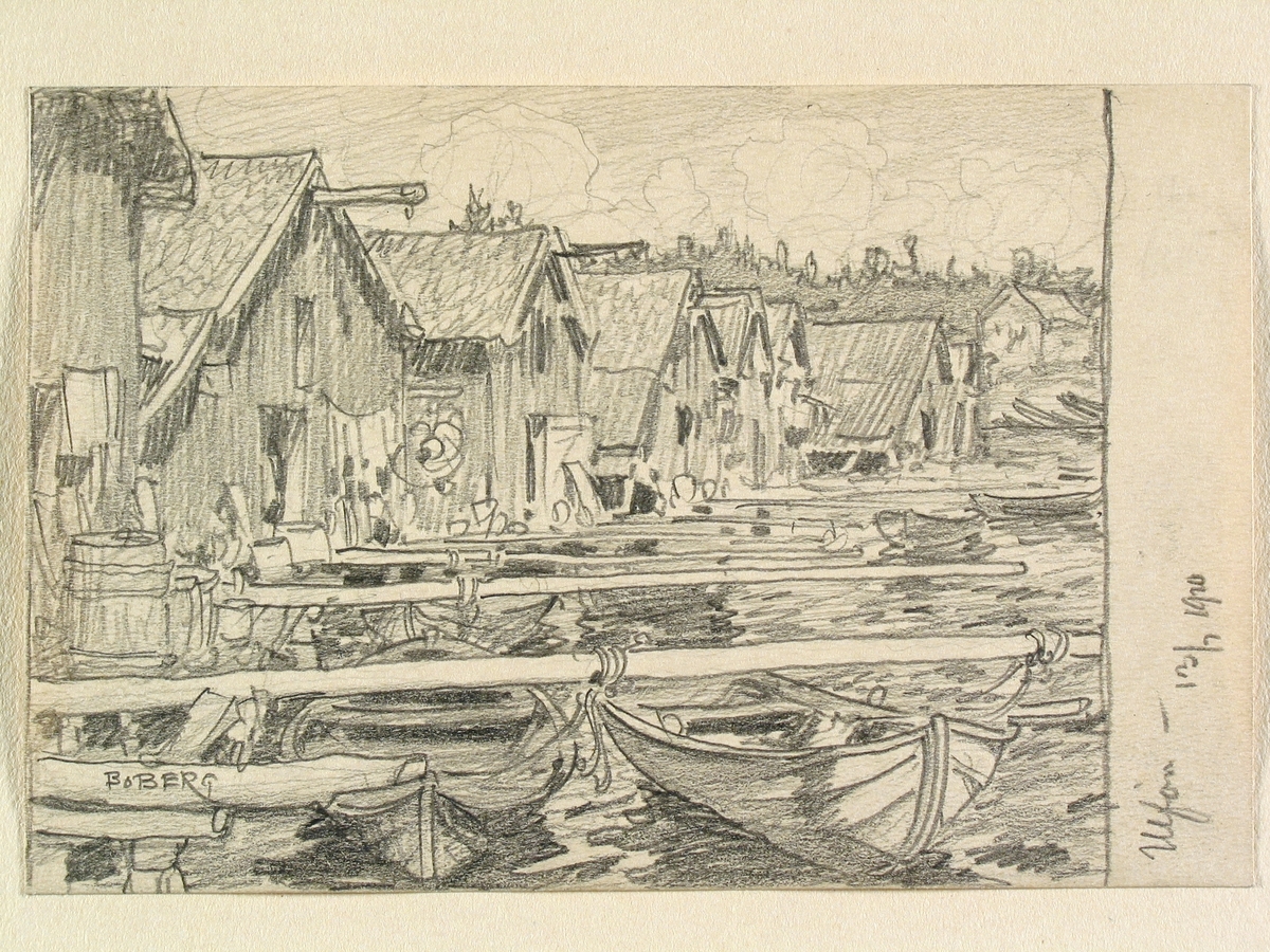 Ångermanland, Nätra sn., Ulvön. Fiskebodar och båtar. Teckning av Ferdinand Boberg.