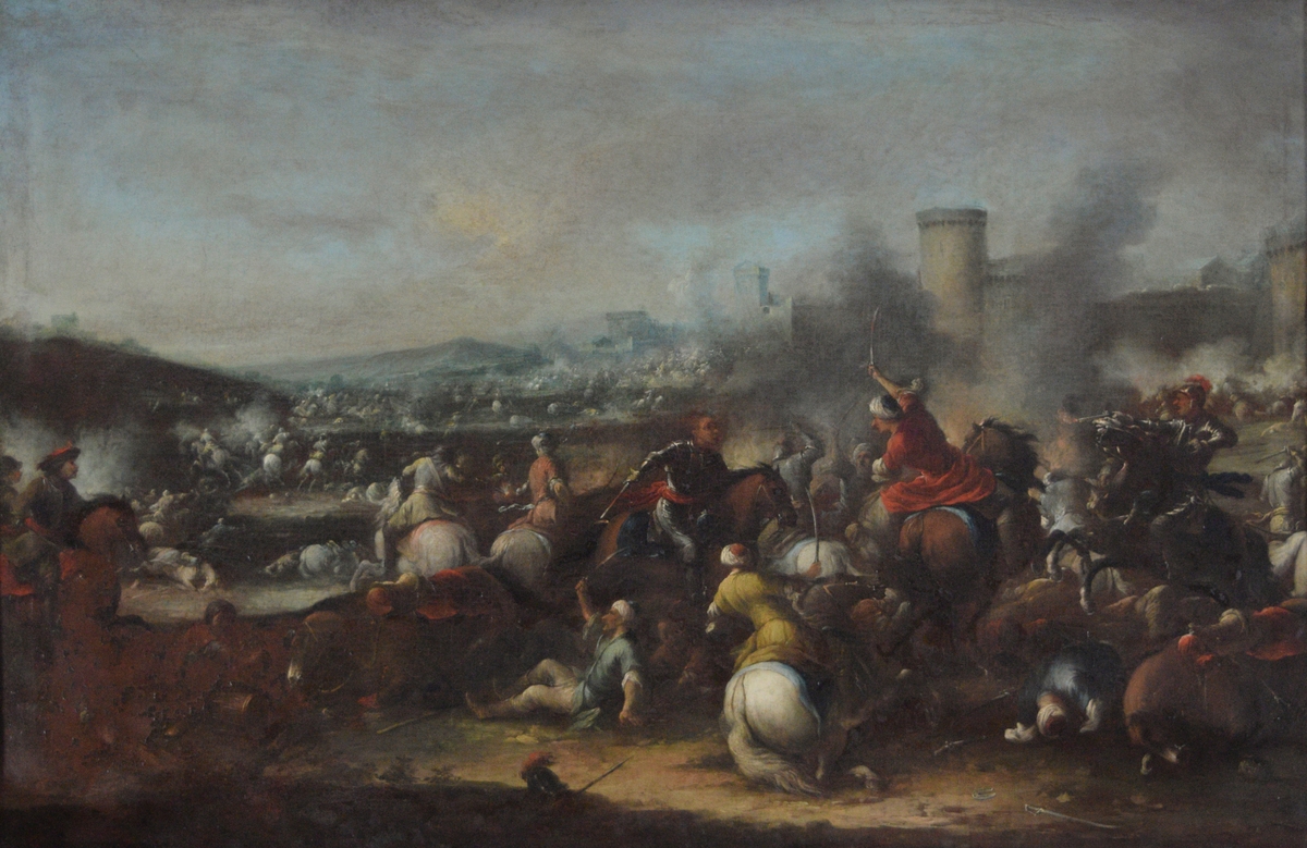 Dal med kavalerislag mellom europeiske og ottomanske (tyrkiske) krigere. Til høyere røk og et festningsanlegg eller en bymur bak røken.