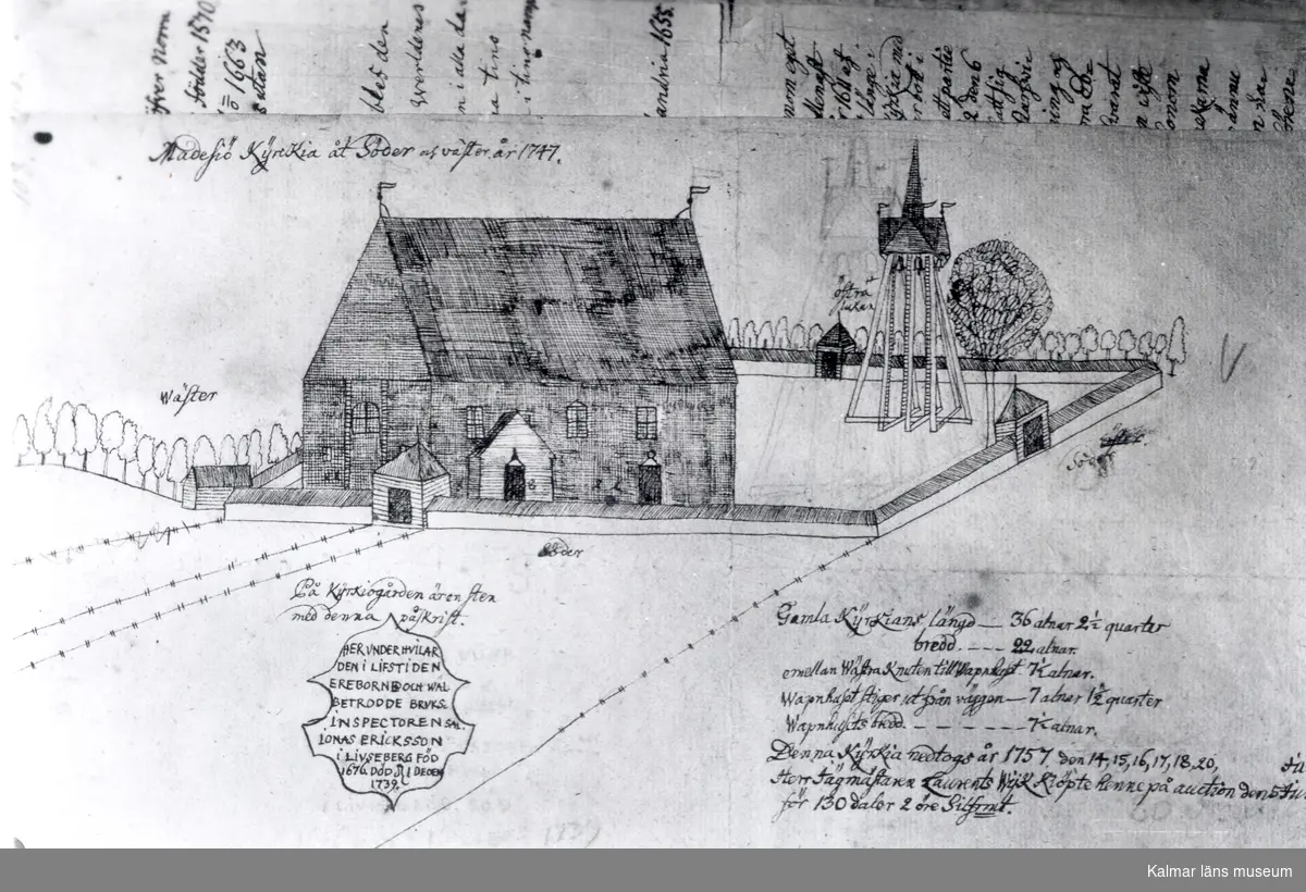 Teckning föreställande Madesjö kyrka 1747.