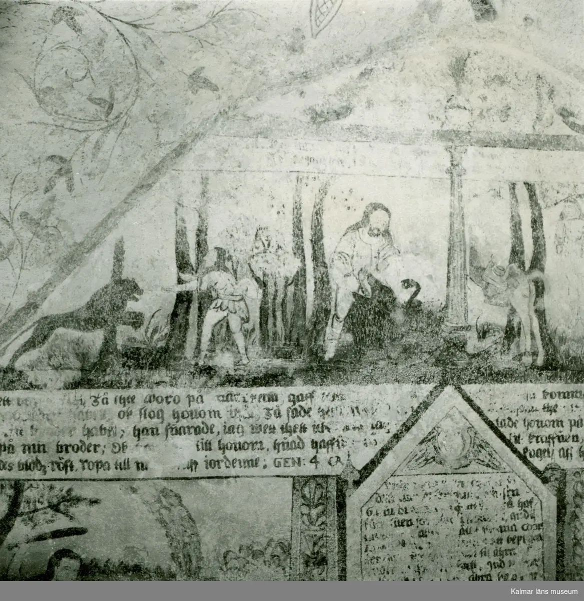 Målning på korväggen i Gärdslösa kyrka med bibliskt motiv från berättelsen om Kain och Abel.