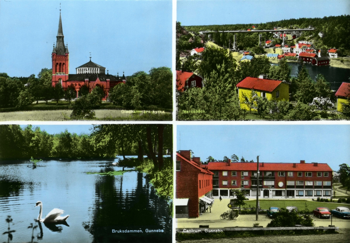 Kolorerat vykort, avsett som hälsning från Gladhammars socken. På bilderna återfinns sockenkyrkan, Verkebäck med Verkebäcksbron, Gunnebo centrum och bruksdammen vid Gunnebo bruk.