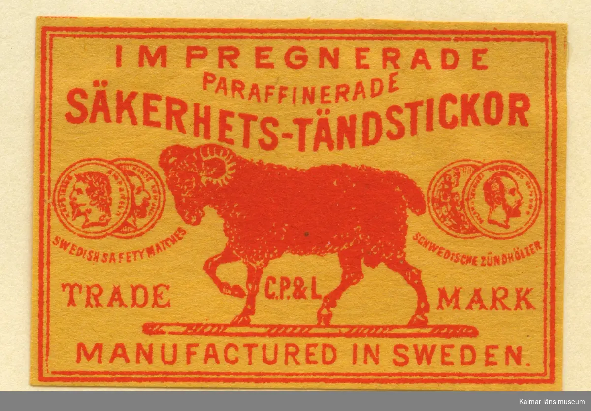 Tändsticksetikett från Mönsterås Tändsticksfabrik, "Impregnerade paraffinerade säkerhetständstickor"