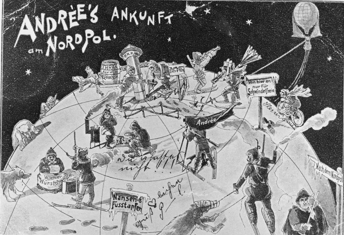 Andrées ankomst till Nordpolen. Tysk Karikatyrteckning.