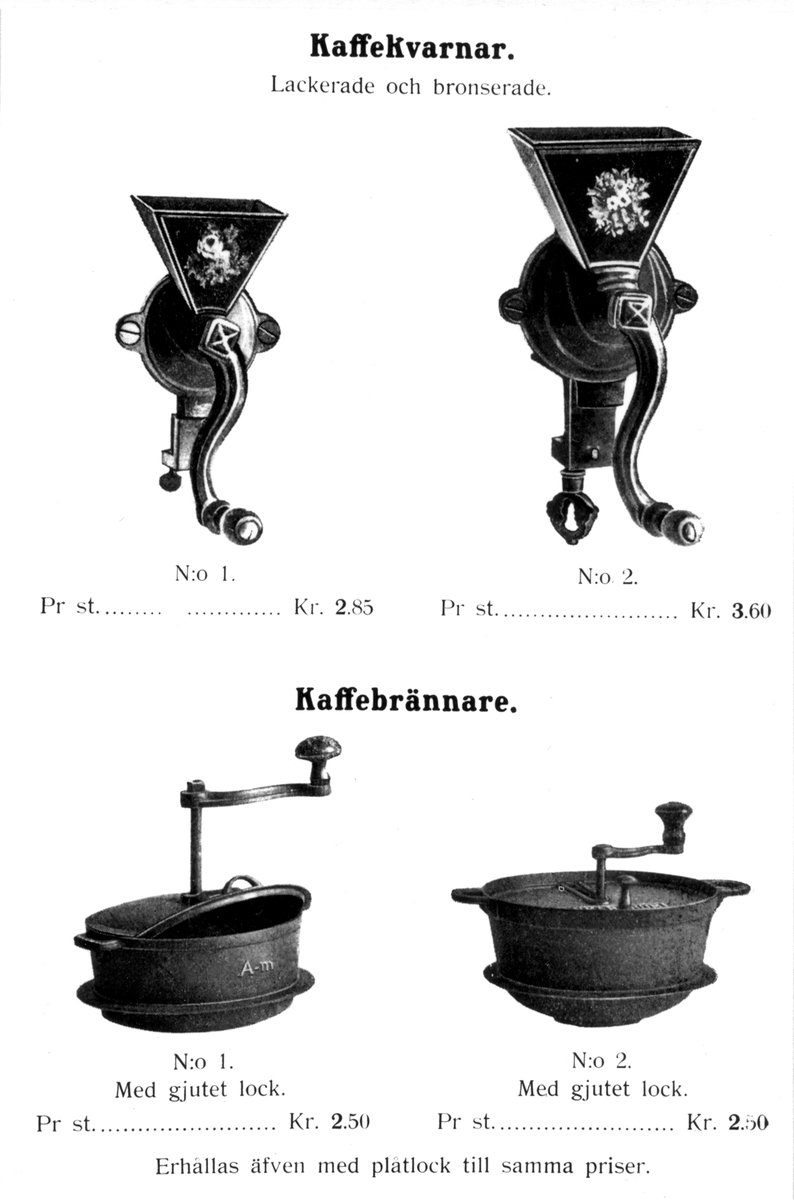 Kaffekvarnar och kaffebrännare, ur priskurant för gjutgods 1915.