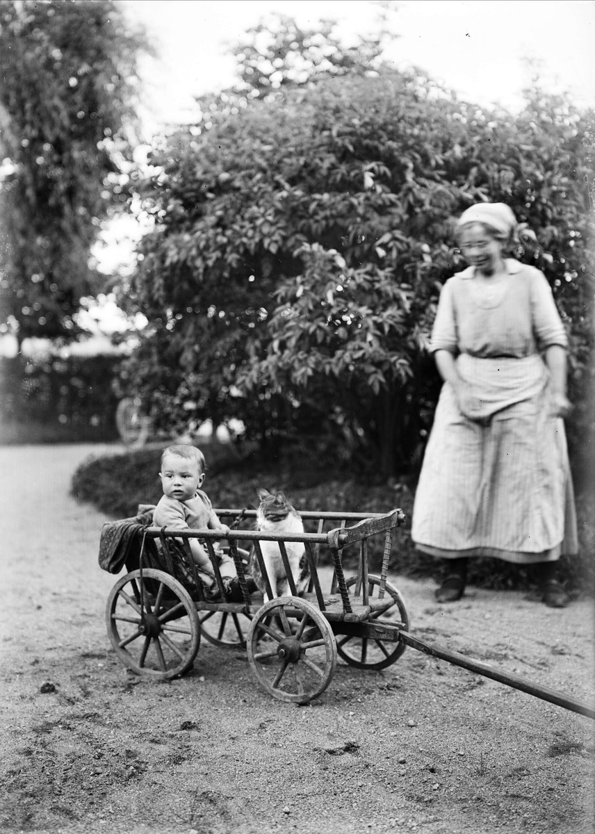 "Börje Rollin sitter i vagnen hos Fru Elin Bergkvist i Fröslunda Altuna", Uppland 1926
