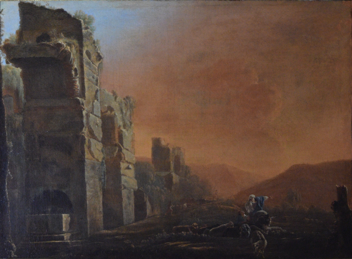 En akvedukt i ruiner skjærer diagonalt inn i bildet fra venstre. Til høyre sauer og to personer. En av dem sitter på et esel (?) og peker mot høyre. I bakgrunnen fjell i sterkt gulrødt lys. Ser man på akvedukten kan motivet være hentet fra en rekke steder. Troligst er, når man tar landskap og personenes klesdrakter i betraktning: Nord-Afrika eller mulig Tyrkia.