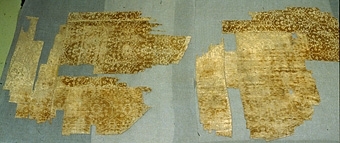 Två delar av en korkåpa i brunaktigt gul sammet.
Delarna är var för sig monterade på ofärgat linne.

Anm. Konserverad på Riksantikvarieämbetet.


Neg.nr: 1984-04