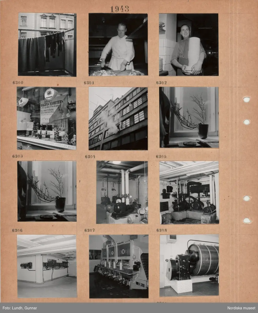 Motiv: Strumpor hänger på tork på en balkong i stad, en man skär upp livsmedel i ett storkök, en man med skjorta, slips, långbyxor med hängslen bär en stor hög med tallrikar, skyltfönster med filmkameror och reklam för tävling "Årets smalfilm 1943", en man hänger utanför en fasad och tvättar fönster(?), vas med kvistar i fönster, maskinrum med rörledningar, elskåp.