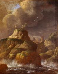 Landskap i storm med kors [Oljemaleri]